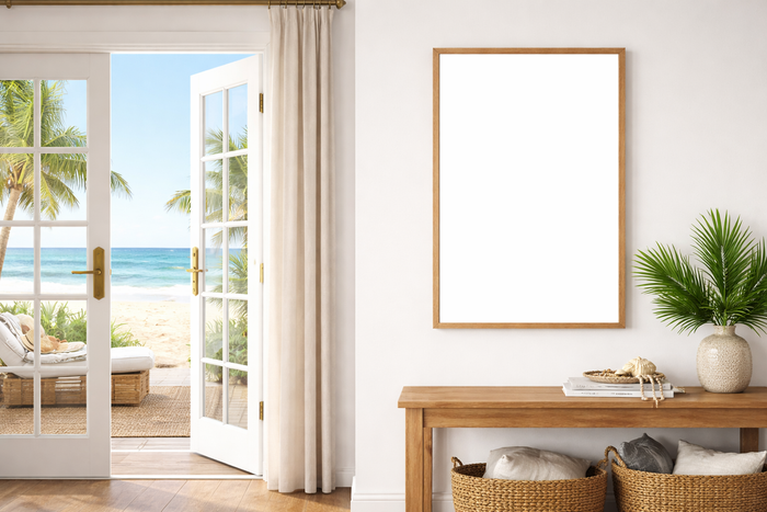 Neutral wall art in a beige living room with warm tones and soft interior styling