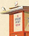 Three seagulls standing on the roof of a lifeguard tower, coastal beach art print displayed in detail