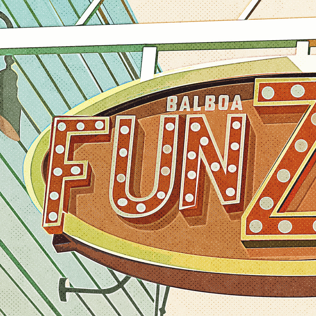 Vintage-style sign with 'Balboa Fun Zone' text on a colorful background, coastal art print displayed in detail