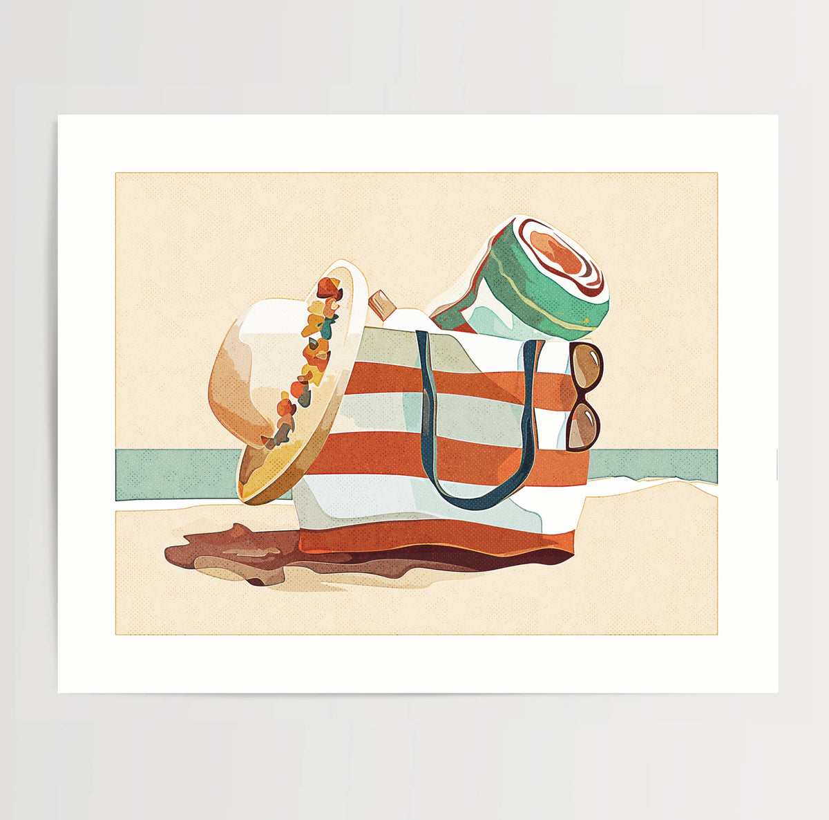 Beach bag filled with towel, sunglasses, and sun hat on the sand with ocean in the background, coastal lifestyle art print
