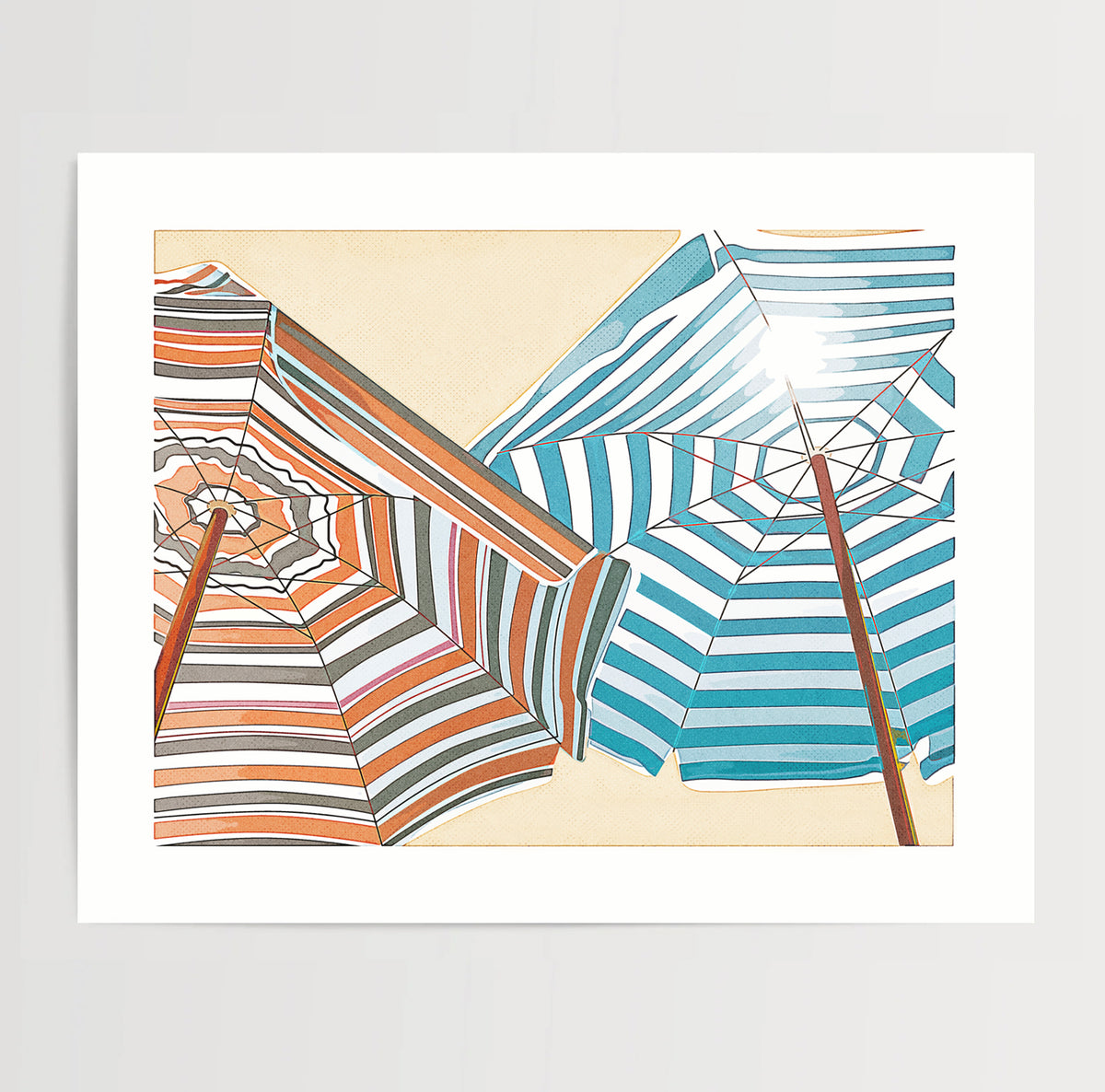 Colorful beach umbrellas viewed from below against a bright blue sky, coastal art print