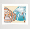 Colorful beach umbrellas viewed from below against a bright blue sky, coastal art print