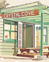 Illustration of a building with 'Crystal Cove' sign in a vintage style.