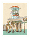 Illustration of the Huntington Beach pier on a beige background