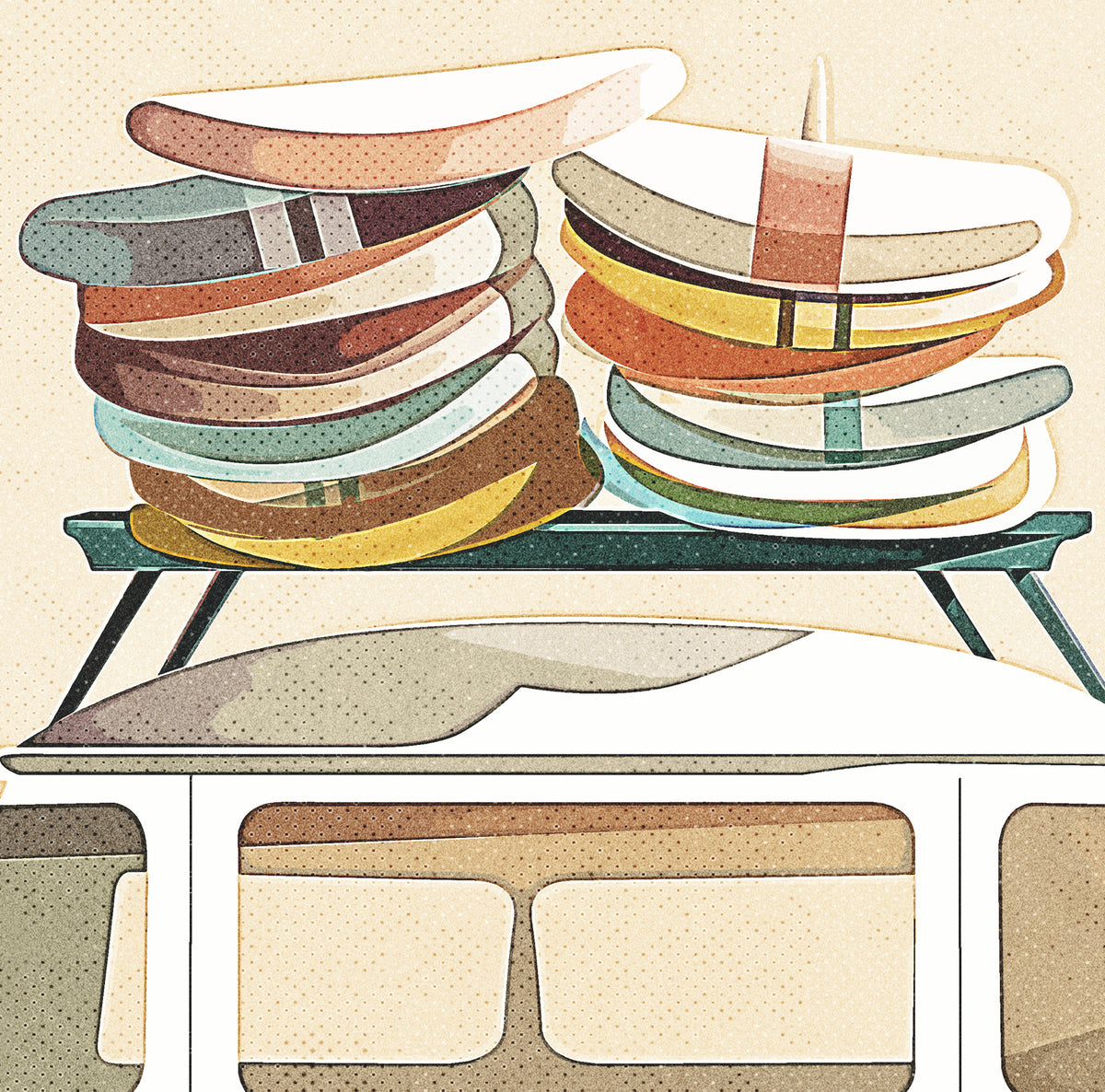 Vintage VW bus with surfboards stacked on the roof rack, coastal surf art print displayed in detail