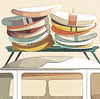 Vintage VW bus with surfboards stacked on the roof rack, coastal surf art print displayed in detail