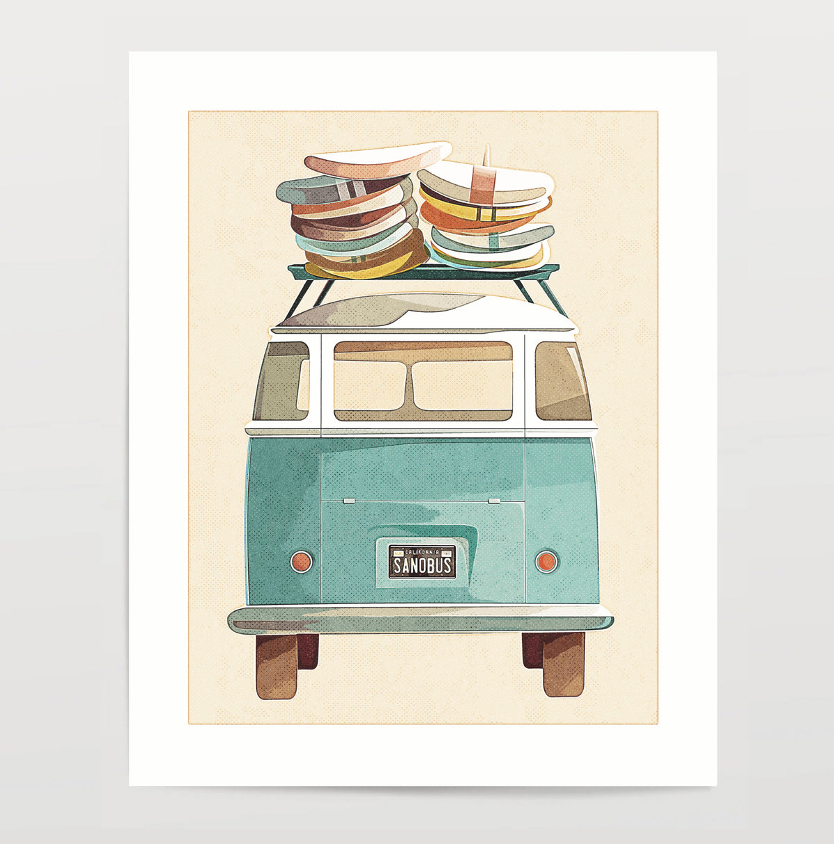 Art print of a van stacked with surfboards on a beige background