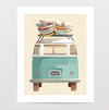 Art print of a van stacked with surfboards on a beige background