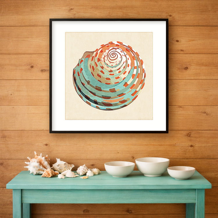 Colorful sea shell resting on sand against a neutral background, minimal coastal art print displayed in a soft beach house interior