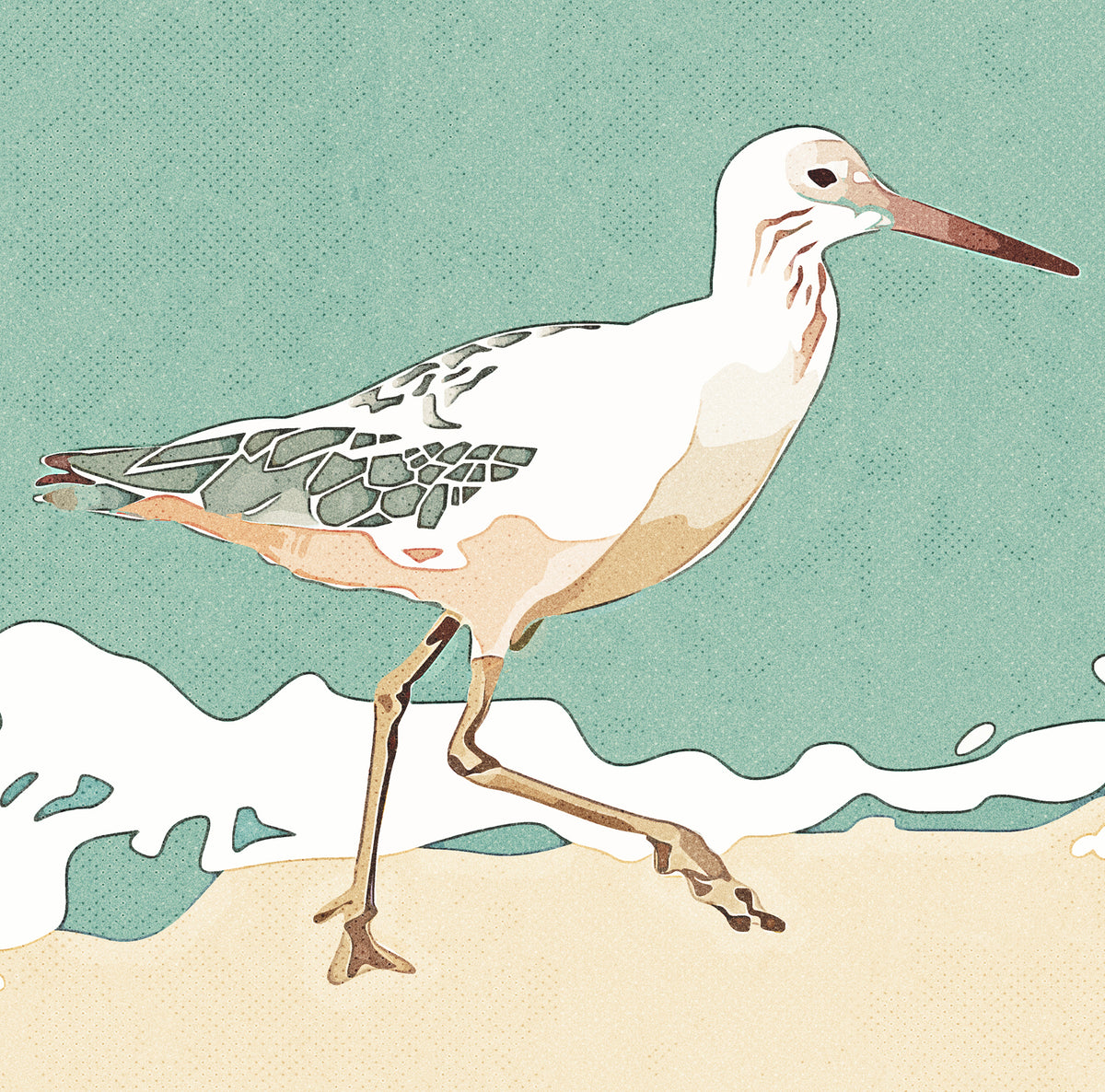 Sandpiper walking along the shoreline at low tide, coastal bird art print displayed in detail