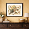 Octopus with tentacles spread in all directions filling the frame, coastal marine life art print displayed in a modern beach house interior