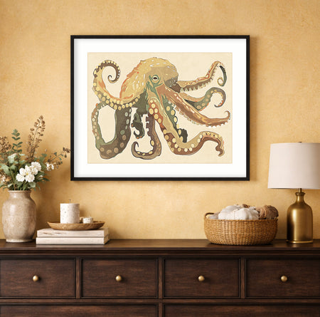 Octopus with tentacles spread in all directions filling the frame, coastal marine life art print displayed in a modern beach house interior