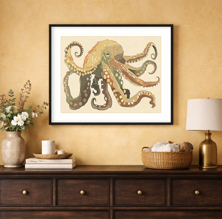 Octopus with tentacles spread in all directions filling the frame, coastal marine life art print displayed in a modern beach house interior
