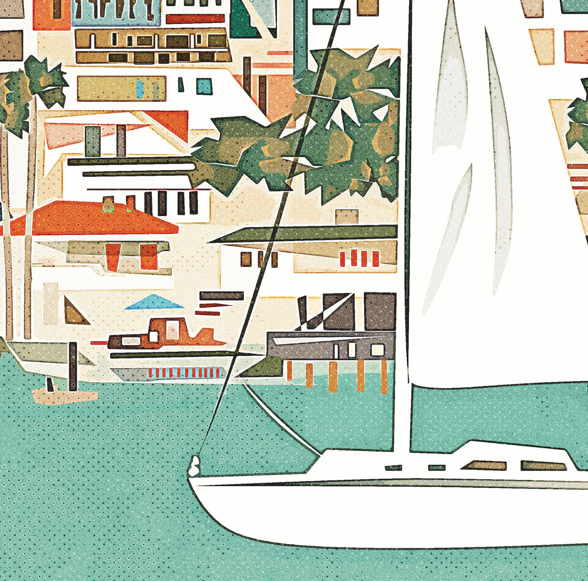A sailboat sailing through a channel, coastal art print displayed in detail