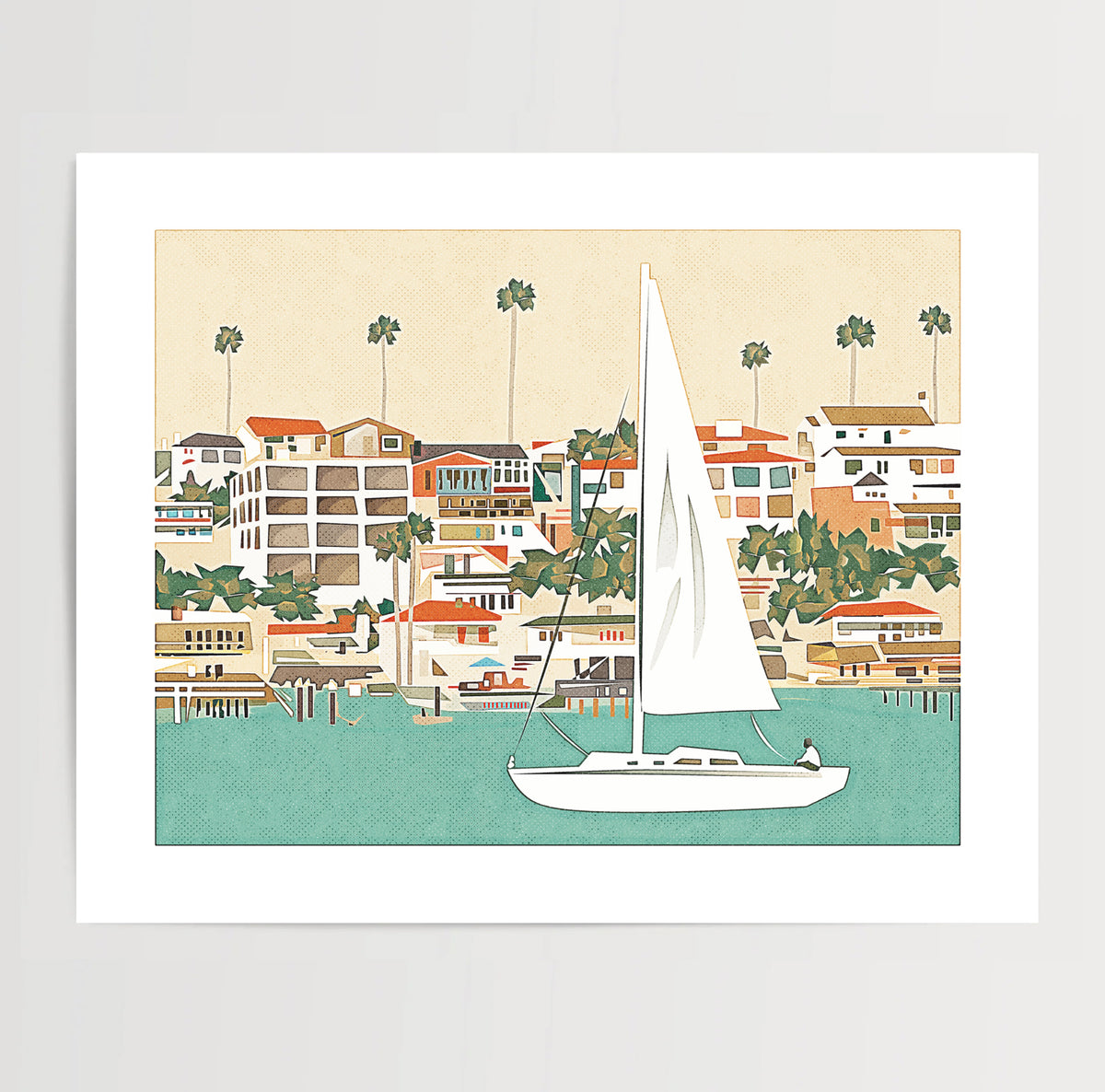 A sailboat sailing through a channel, coastal art print.