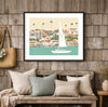 Sailboat moving through a coastal channel with bluffs, beach houses, and palm trees in the background, coastal art print displayed in a beach house interior