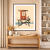 Person sitting on a lifeguard tower overlooking the ocean, coastal art print capturing a calm and reflective beach moment in a beach house environment