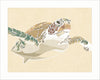 Sea turtle swimming in a gentle motion on a neutral background, coastal marine life art print displayed in detail
