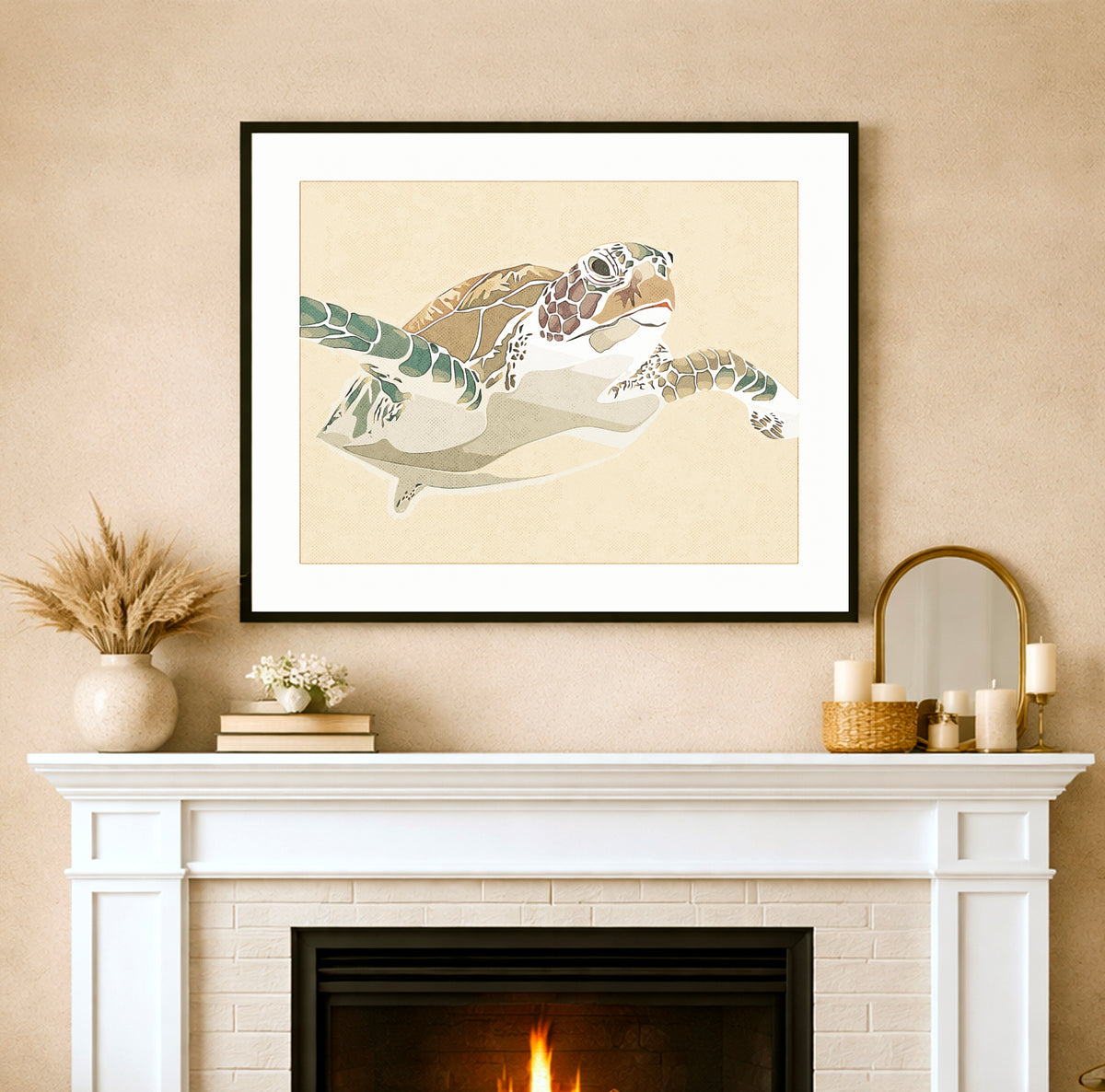 Sea turtle swimming in a gentle motion on a neutral background, coastal marine life art print displayed in a calm beach house interior