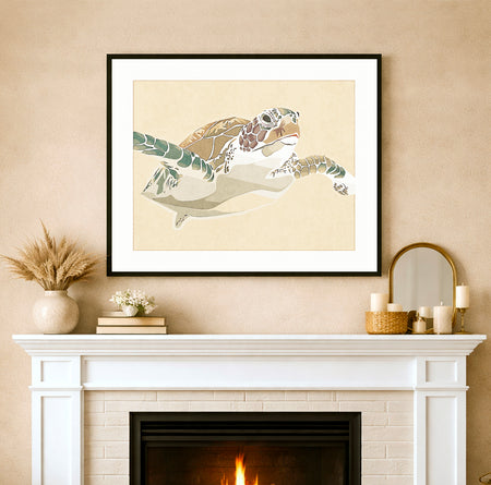 Sea turtle swimming in a gentle motion on a neutral background, coastal marine life art print displayed in a calm beach house interior