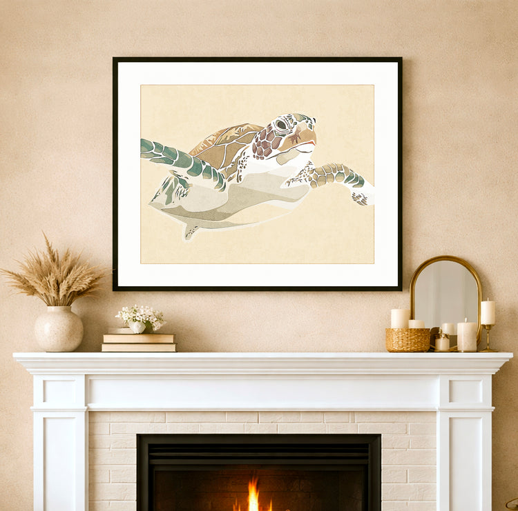 Sea turtle swimming in a gentle motion on a neutral background, coastal marine life art print displayed in a calm beach house interior