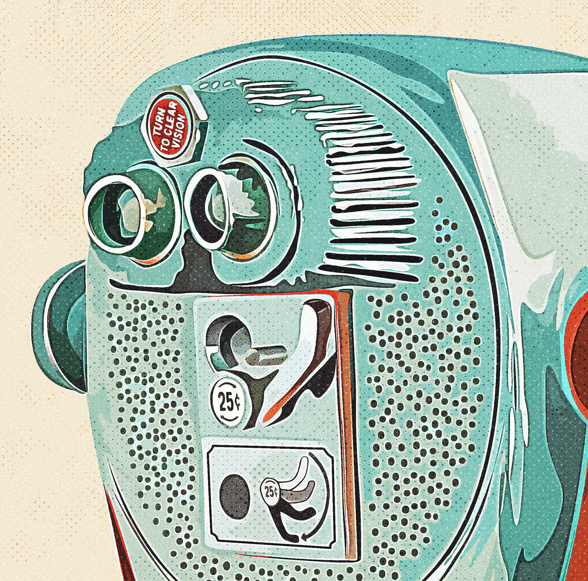 Close-up detail of the vintage-inspired coin-operated beach binocular wall art, highlighting the artwork's textures, subtle vintage character, and muted coastal colors.