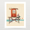 Person sitting on a lifeguard tower overlooking the ocean, coastal art print capturing a calm and reflective beach moment