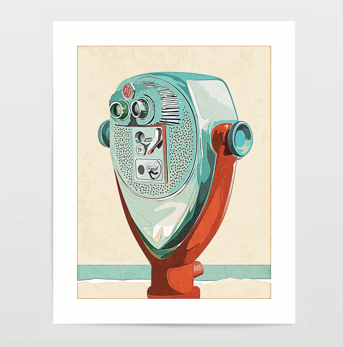 Vintage-inspired illustration of a teal coin-operated beach binocular viewer wall art print.