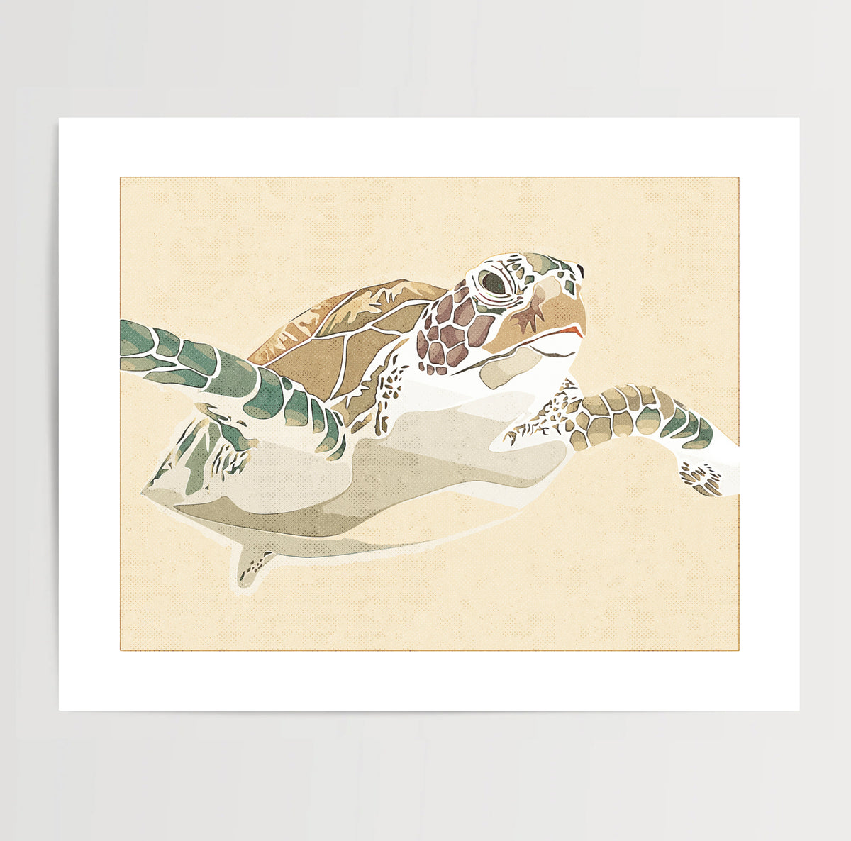 Sea turtle swimming in a gentle motion on a neutral background, coastal marine life art print displayed in detail