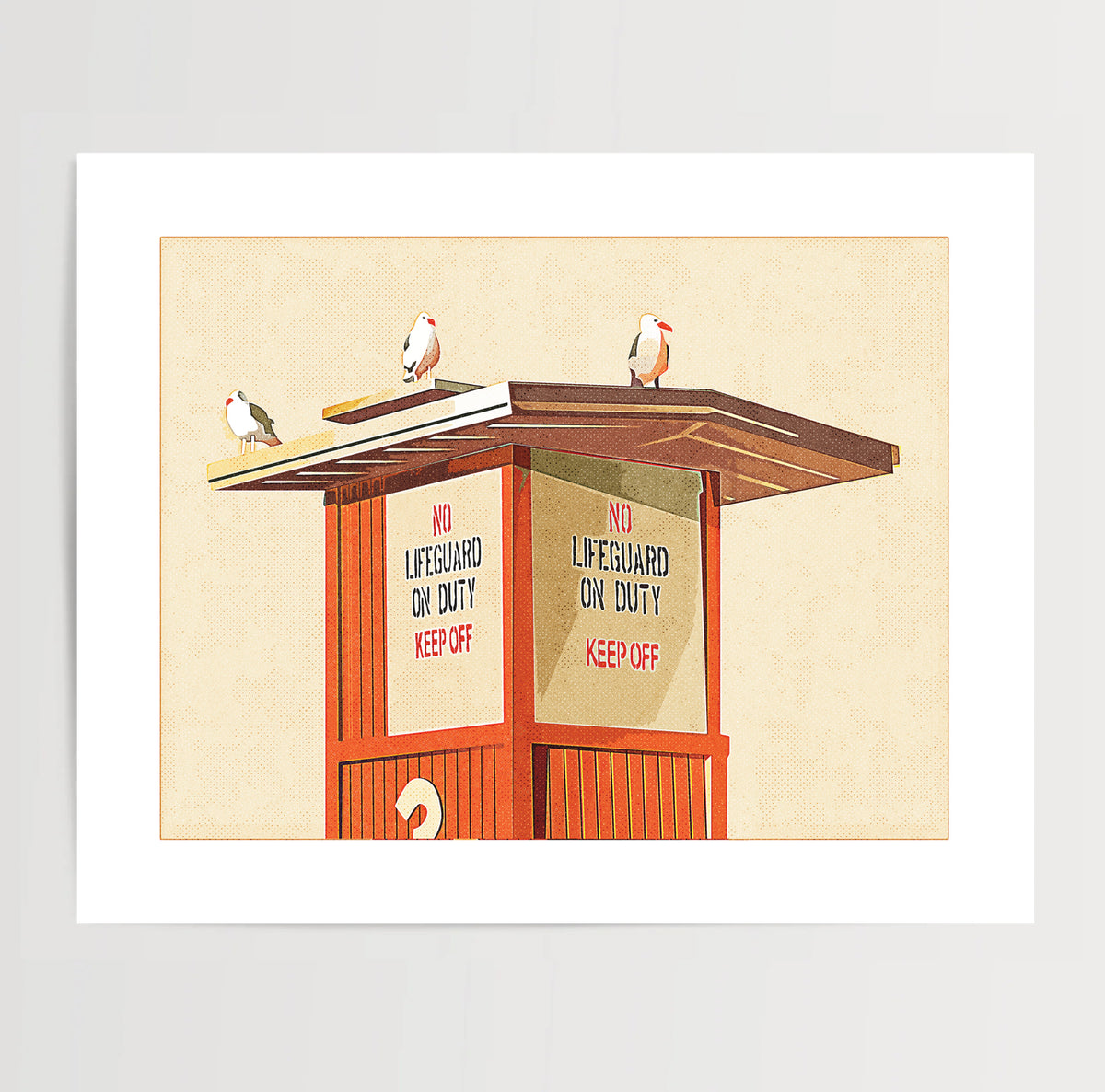 Three seagulls standing on the roof of a lifeguard tower, coastal beach art print displayed in a light, modern beach house interior