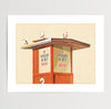 Three seagulls standing on the roof of a lifeguard tower, coastal beach art print displayed in a light, modern beach house interior