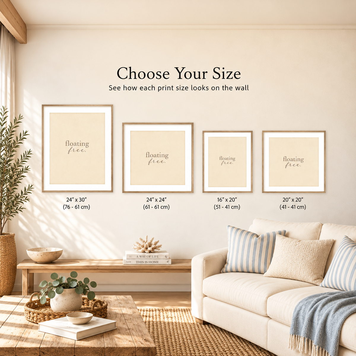 Size guide comparing the available print sizes: 24×30, 16×20, 24x24 and 20x20  inches. 